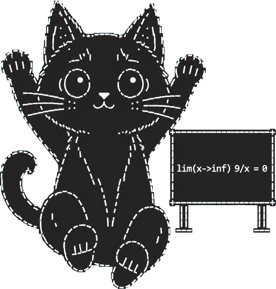 A seated ASCII cat with pointed ears, round eyes, whiskers, small front paws and a blank expression beside a white ASCII chalkboard reading 'lim(x->inf) 9/x = 0'.
