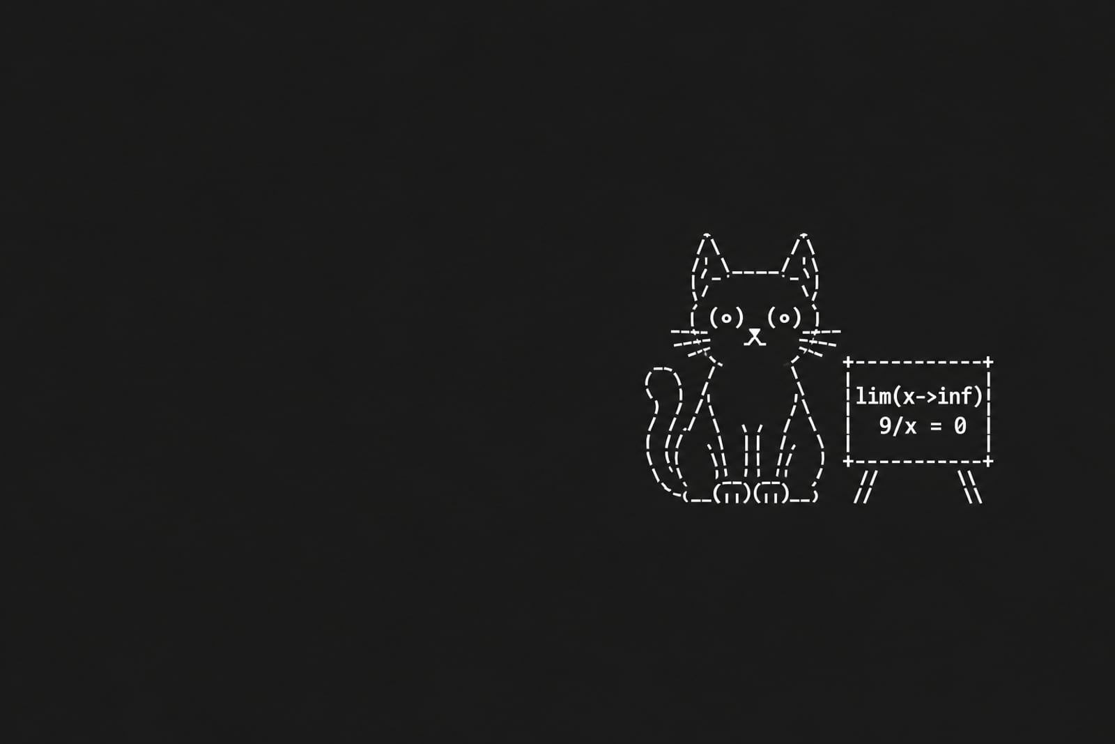 Hypercatculus sits beside a chalkboard displaying 'lim(x->inf) 9/x = 0', entirely in white monospaced ASCII on dark charcoal.